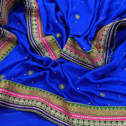 Indian Vintage Blue Dupatta Pure Silk Long Stole Hand Embroidered Scarves Floral Design Stole Veil Wrap Sequins