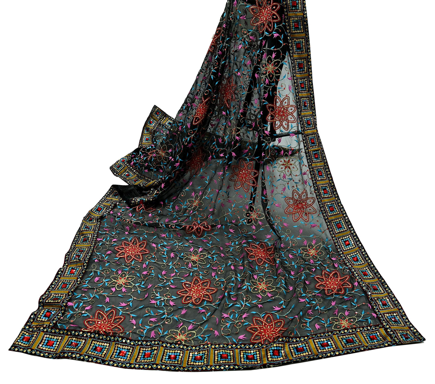 Indian Vintage Dupatta Black Pure Georgette silk Long Stole Embroidered Scarves Stole Veil Wrap