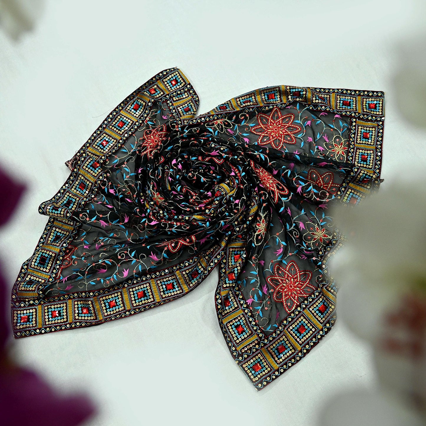 Indian Vintage Dupatta Black Pure Georgette silk Long Stole Embroidered Scarves Stole Veil Wrap
