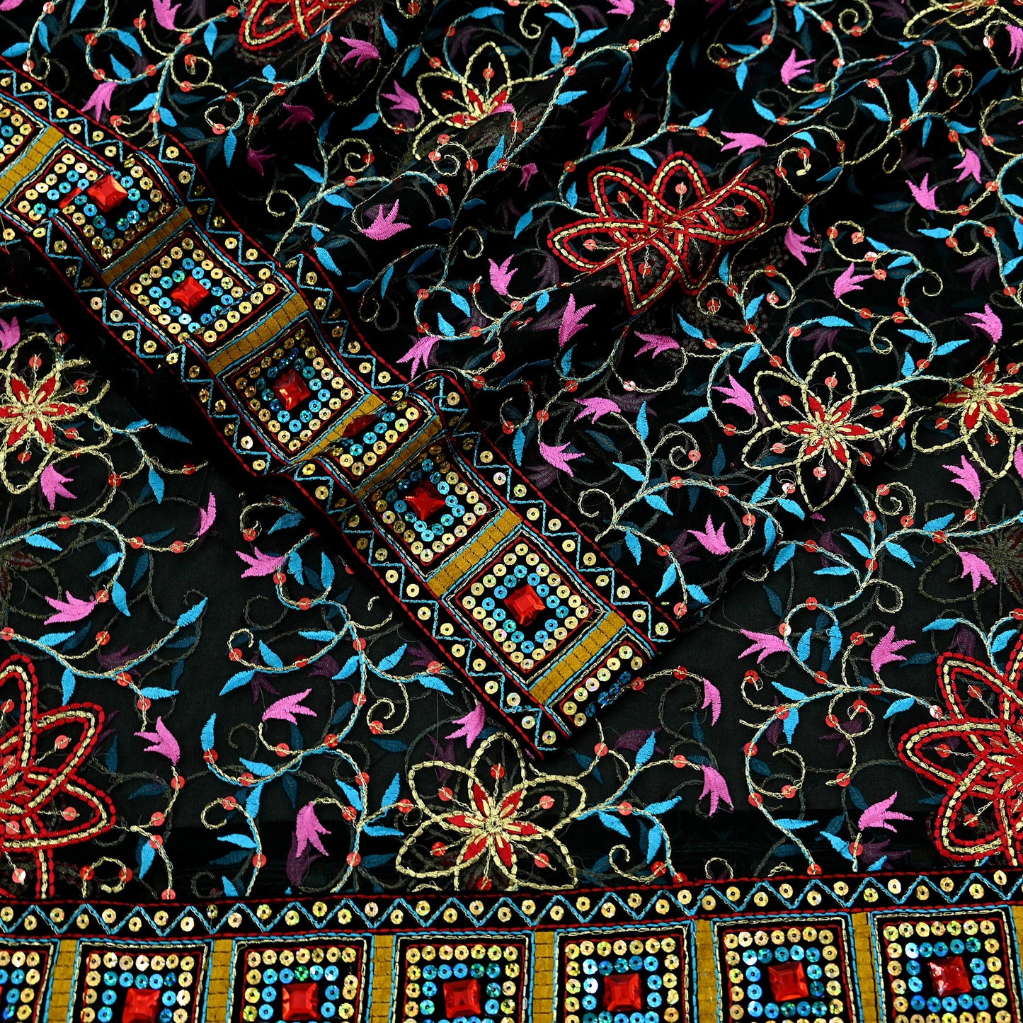 Indian Vintage Dupatta Black Pure Georgette silk Long Stole Embroidered Scarves Stole Veil Wrap