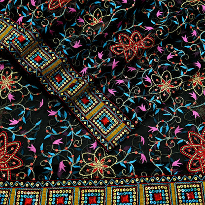 Indian Vintage Dupatta Black Pure Georgette silk Long Stole Embroidered Scarves Stole Veil Wrap