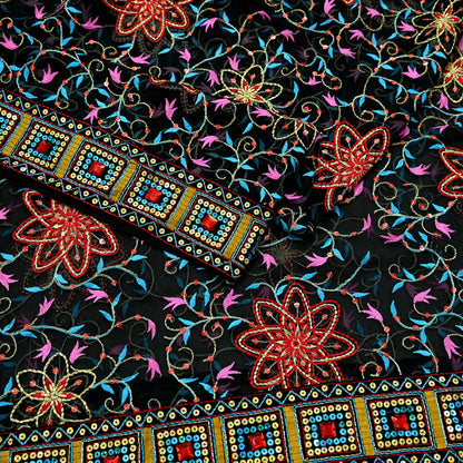 Indian Vintage Dupatta Black Pure Georgette silk Long Stole Embroidered Scarves Stole Veil Wrap