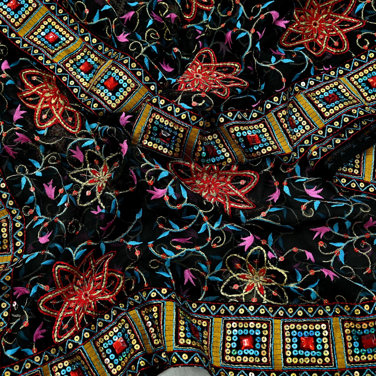 Indian Vintage Dupatta Black Pure Georgette silk Long Stole Embroidered Scarves Stole Veil Wrap