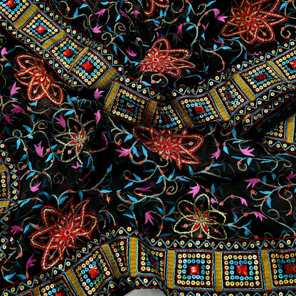 Indian Vintage Dupatta Black Pure Georgette silk Long Stole Embroidered Scarves Stole Veil Wrap