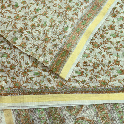 Indian Vintage Ivory Sarees Pure Cotton Block Printed Sari 5yd Sewing Craft Fabric DressMaking Soft Crafting Quilting Upcycle Zari