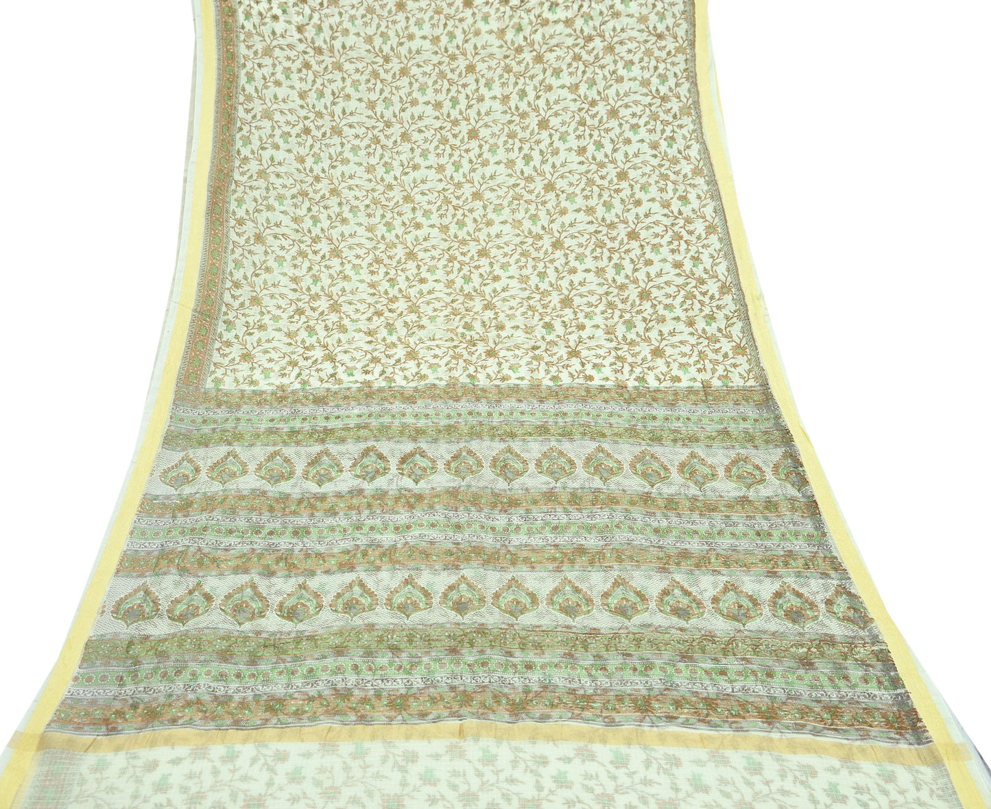 Indian Vintage Ivory Sarees Pure Cotton Block Printed Sari 5yd Sewing Craft Fabric DressMaking Soft Crafting Quilting Upcycle Zari