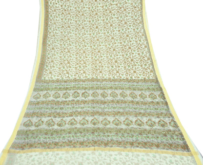 Indian Vintage Ivory Sarees Pure Cotton Block Printed Sari 5yd Sewing Craft Fabric DressMaking Soft Crafting Quilting Upcycle Zari
