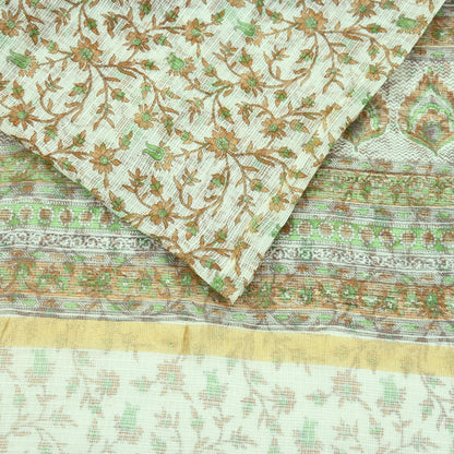 Indian Vintage Ivory Sarees Pure Cotton Block Printed Sari 5yd Sewing Craft Fabric DressMaking Soft Crafting Quilting Upcycle Zari