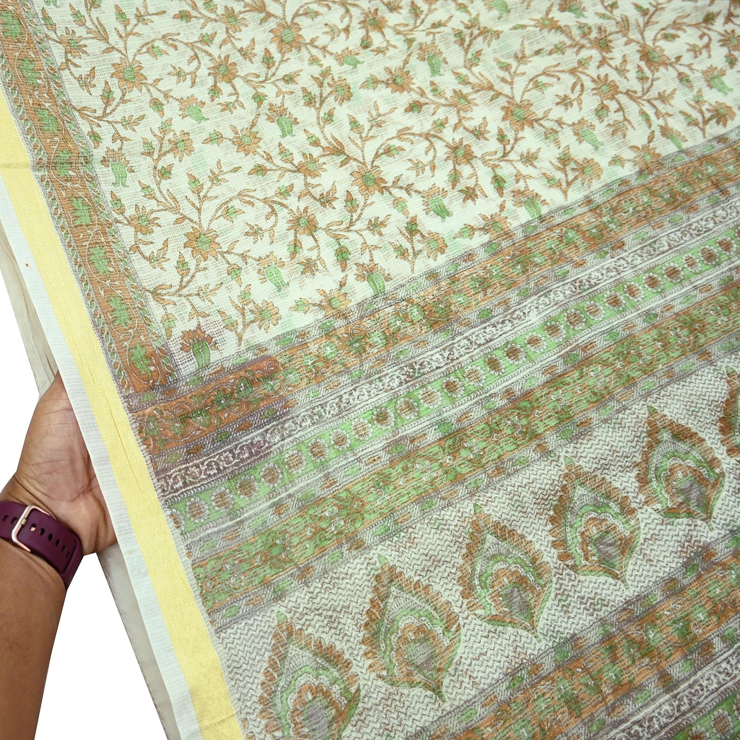 Indian Vintage Ivory Sarees Pure Cotton Block Printed Sari 5yd Sewing Craft Fabric DressMaking Soft Crafting Quilting Upcycle Zari