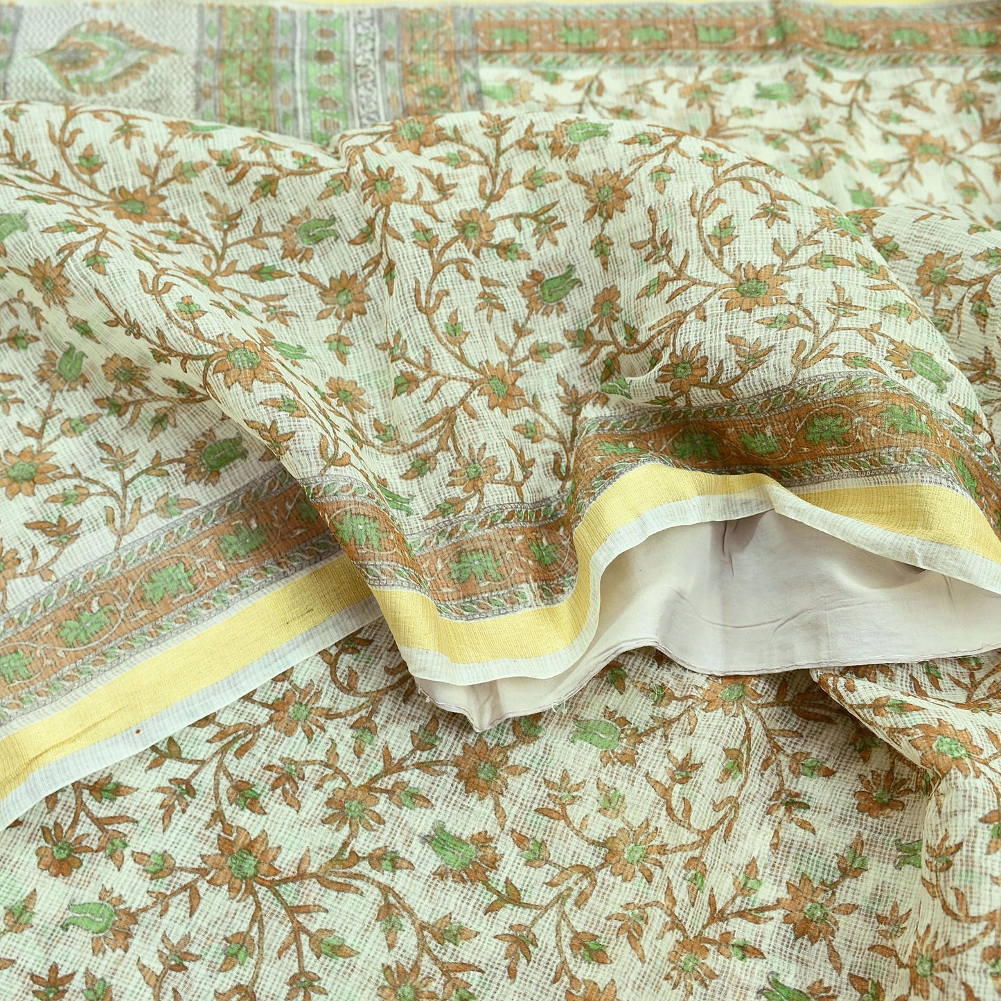 Indian Vintage Ivory Sarees Pure Cotton Block Printed Sari 5yd Sewing Craft Fabric DressMaking Soft Crafting Quilting Upcycle Zari