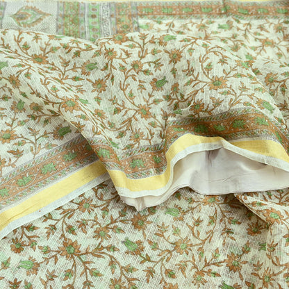 Indian Vintage Ivory Sarees Pure Cotton Block Printed Sari 5yd Sewing Craft Fabric DressMaking Soft Crafting Quilting Upcycle Zari
