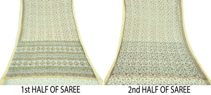 Indian Vintage Ivory Sarees Pure Cotton Block Printed Sari 5yd Sewing Craft Fabric DressMaking Soft Crafting Quilting Upcycle Zari