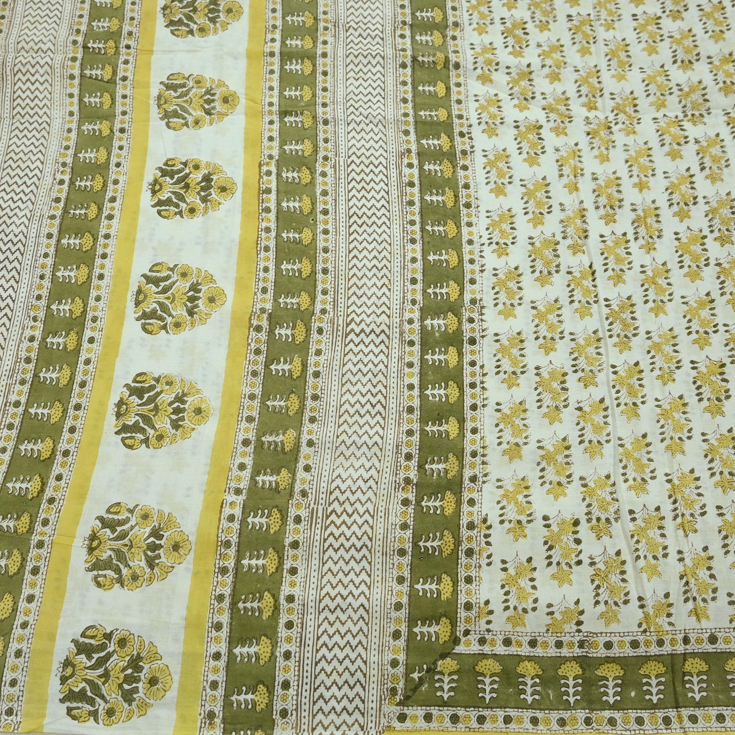 Indian Vintage Ivory Sarees Pure Cotton Block Printed Sari 5yd Sewing Craft Fabric DressMaking Soft Crafting Quilting Upcycle
