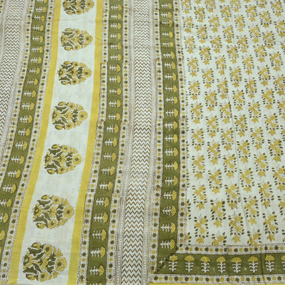 Indian Vintage Ivory Sarees Pure Cotton Block Printed Sari 5yd Sewing Craft Fabric DressMaking Soft Crafting Quilting Upcycle