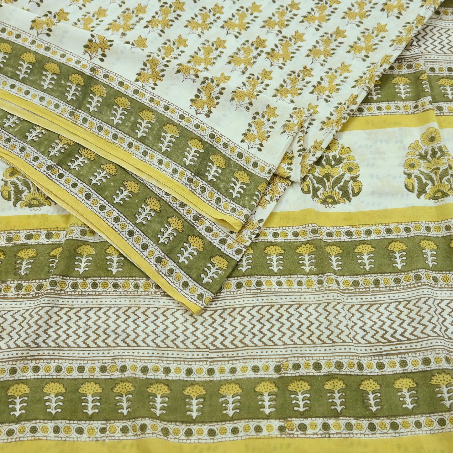 Indian Vintage Ivory Sarees Pure Cotton Block Printed Sari 5yd Sewing Craft Fabric DressMaking Soft Crafting Quilting Upcycle