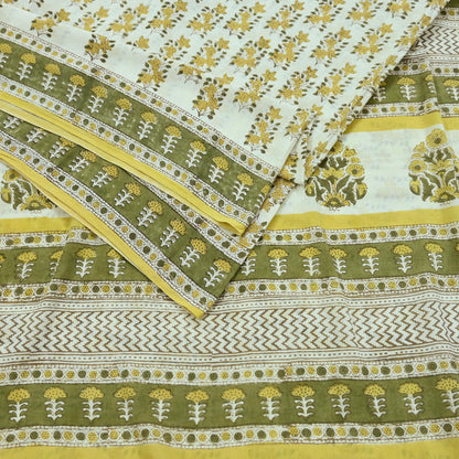 Indian Vintage Ivory Sarees Pure Cotton Block Printed Sari 5yd Sewing Craft Fabric DressMaking Soft Crafting Quilting Upcycle