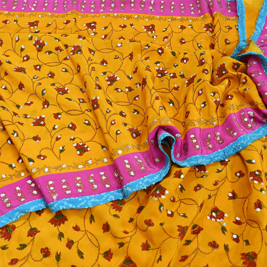 Indian Vintage Sari Saffron Pure Crepe Silk Hand Embroidered Saree 6yd Sewing Floral Craft Sequins Dress making Crafting Quilting