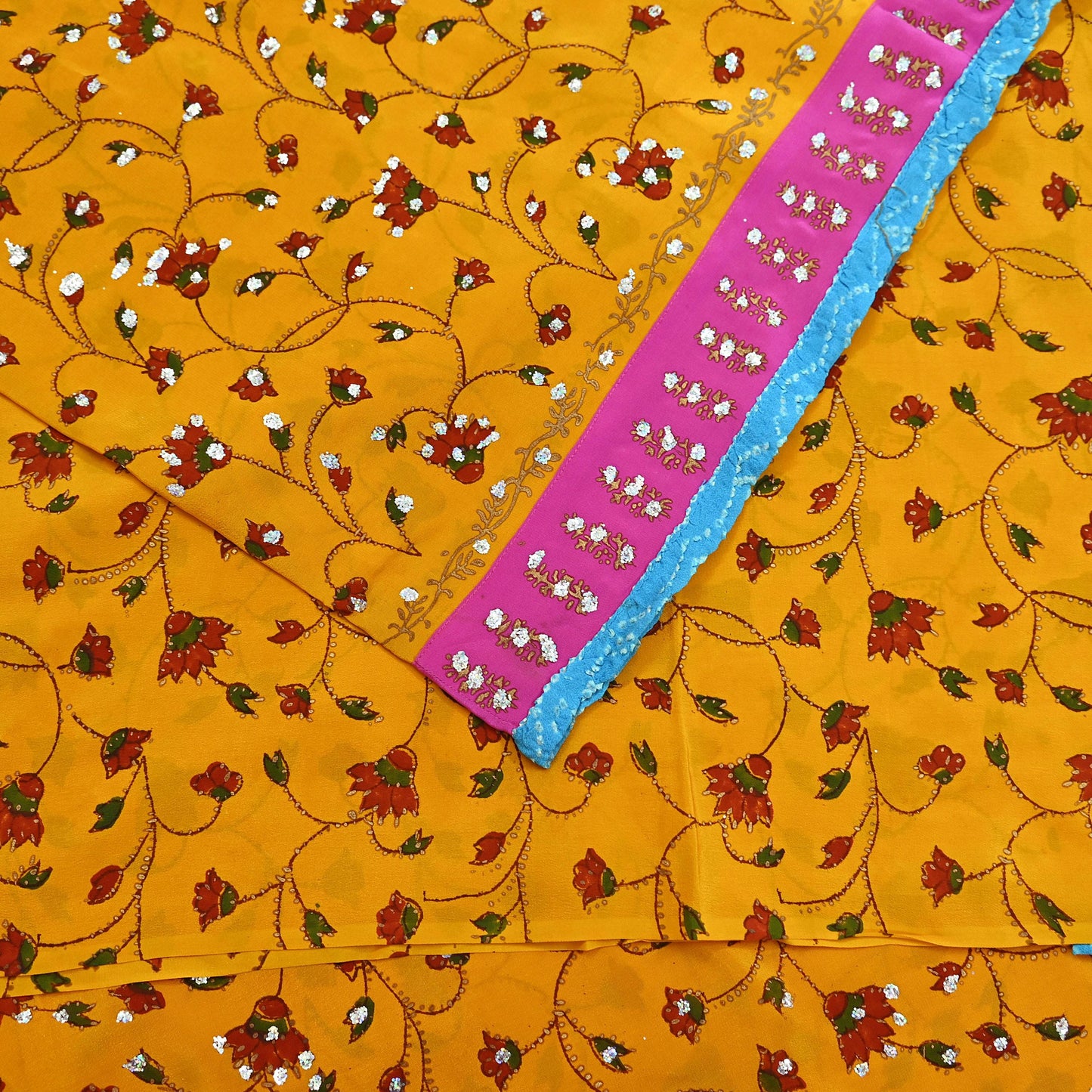 Indian Vintage Sari Saffron Pure Crepe Silk Hand Embroidered Saree 6yd Sewing Floral Craft Sequins Dress making Crafting Quilting