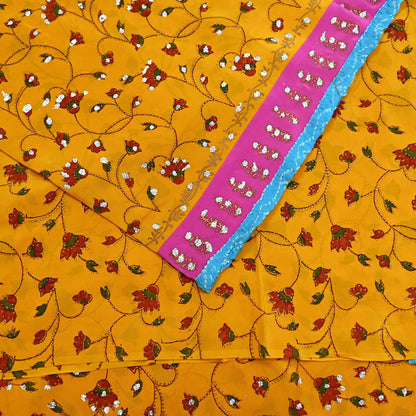 Indian Vintage Sari Saffron Pure Crepe Silk Hand Embroidered Saree 6yd Sewing Floral Craft Sequins Dress making Crafting Quilting