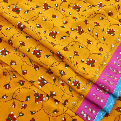 Indian Vintage Sari Saffron Pure Crepe Silk Hand Embroidered Saree 6yd Sewing Floral Craft Sequins Dress making Crafting Quilting