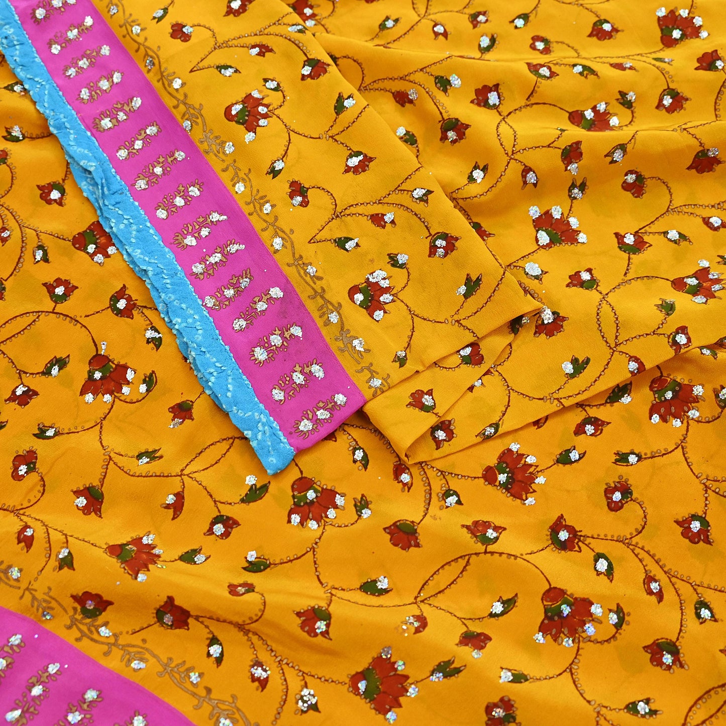 Indian Vintage Sari Saffron Pure Crepe Silk Hand Embroidered Saree 6yd Sewing Floral Craft Sequins Dress making Crafting Quilting