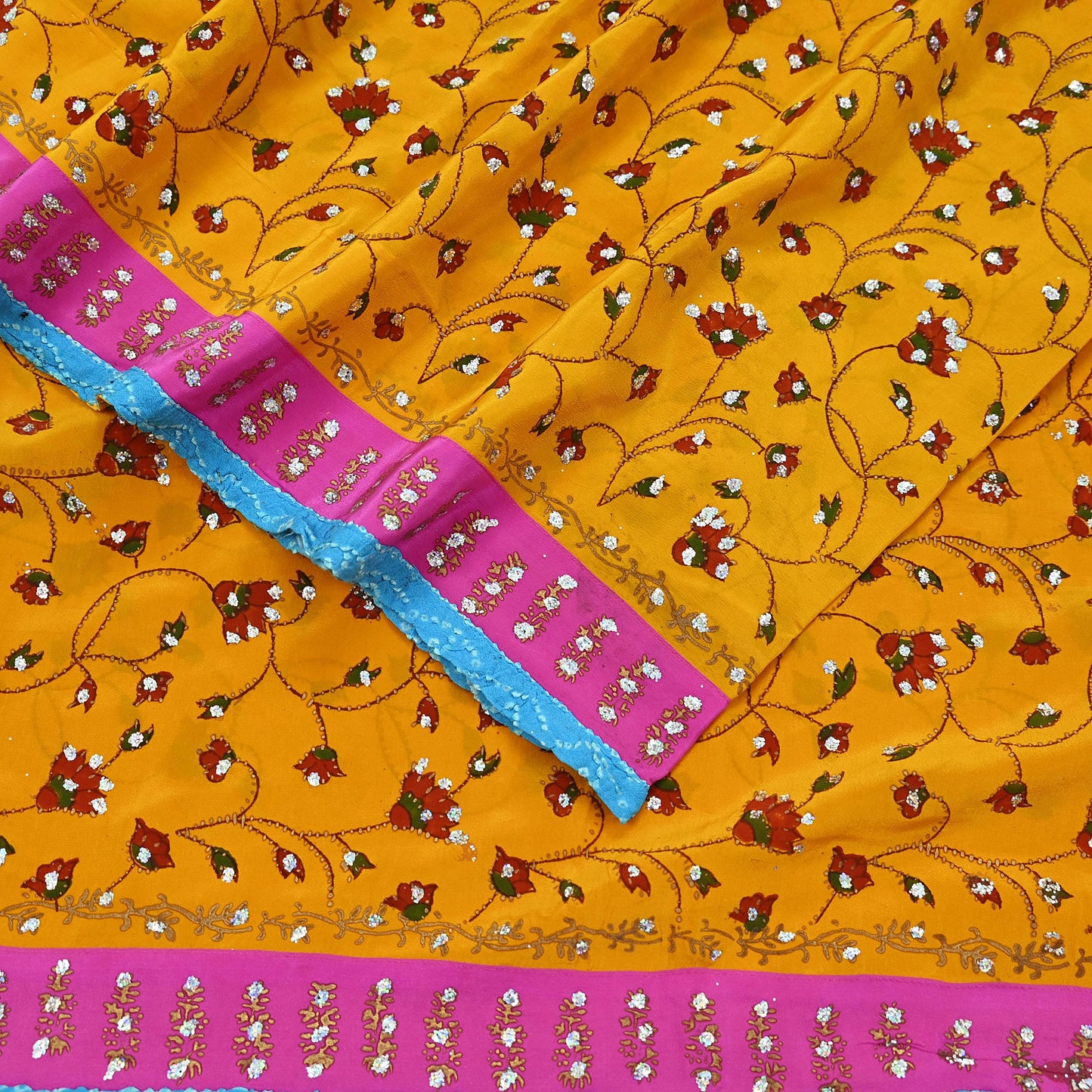 Indian Vintage Sari Saffron Pure Crepe Silk Hand Embroidered Saree 6yd Sewing Floral Craft Sequins Dress making Crafting Quilting