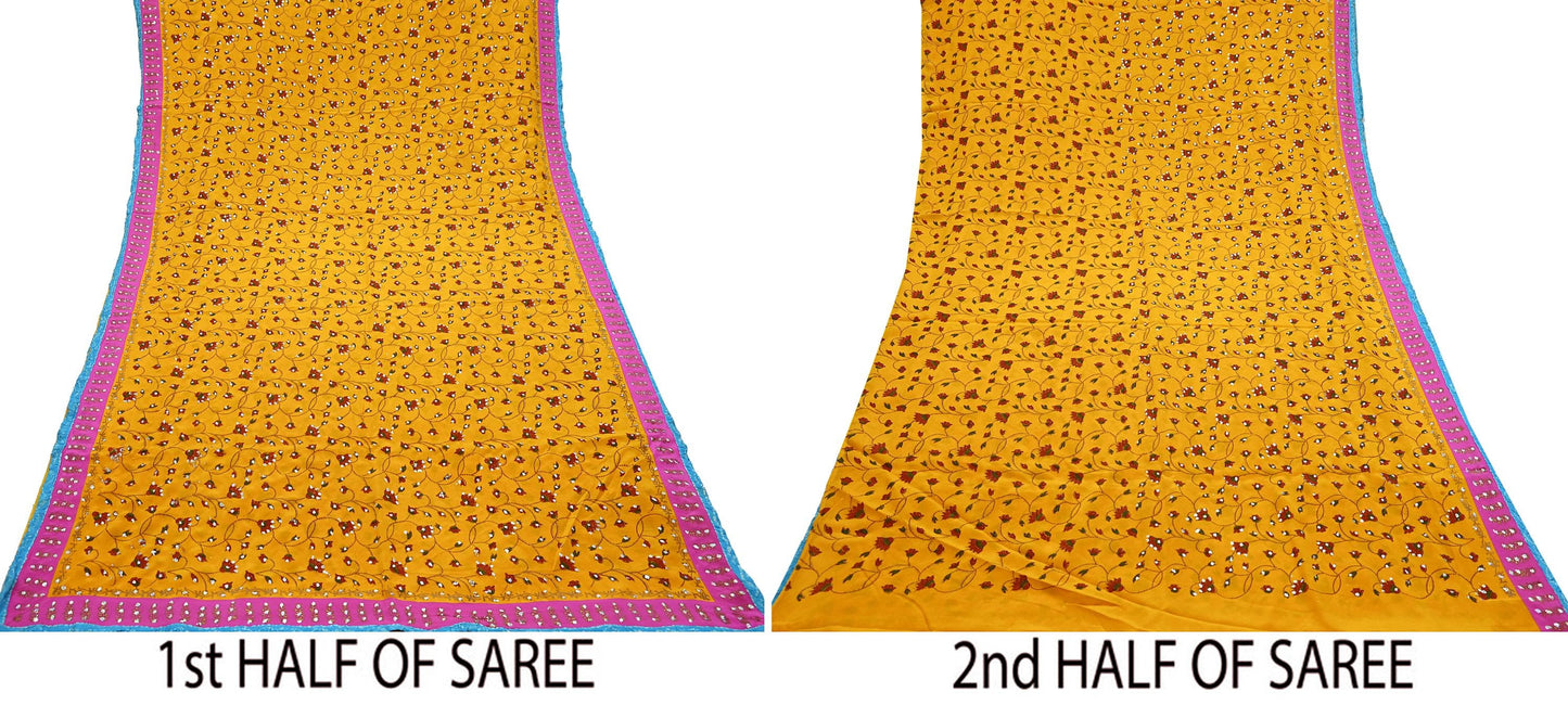 Indian Vintage Sari Saffron Pure Crepe Silk Hand Embroidered Saree 6yd Sewing Floral Craft Sequins Dress making Crafting Quilting