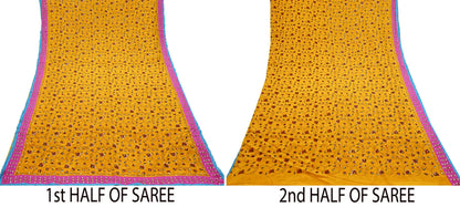 Indian Vintage Sari Saffron Pure Crepe Silk Hand Embroidered Saree 6yd Sewing Floral Craft Sequins Dress making Crafting Quilting