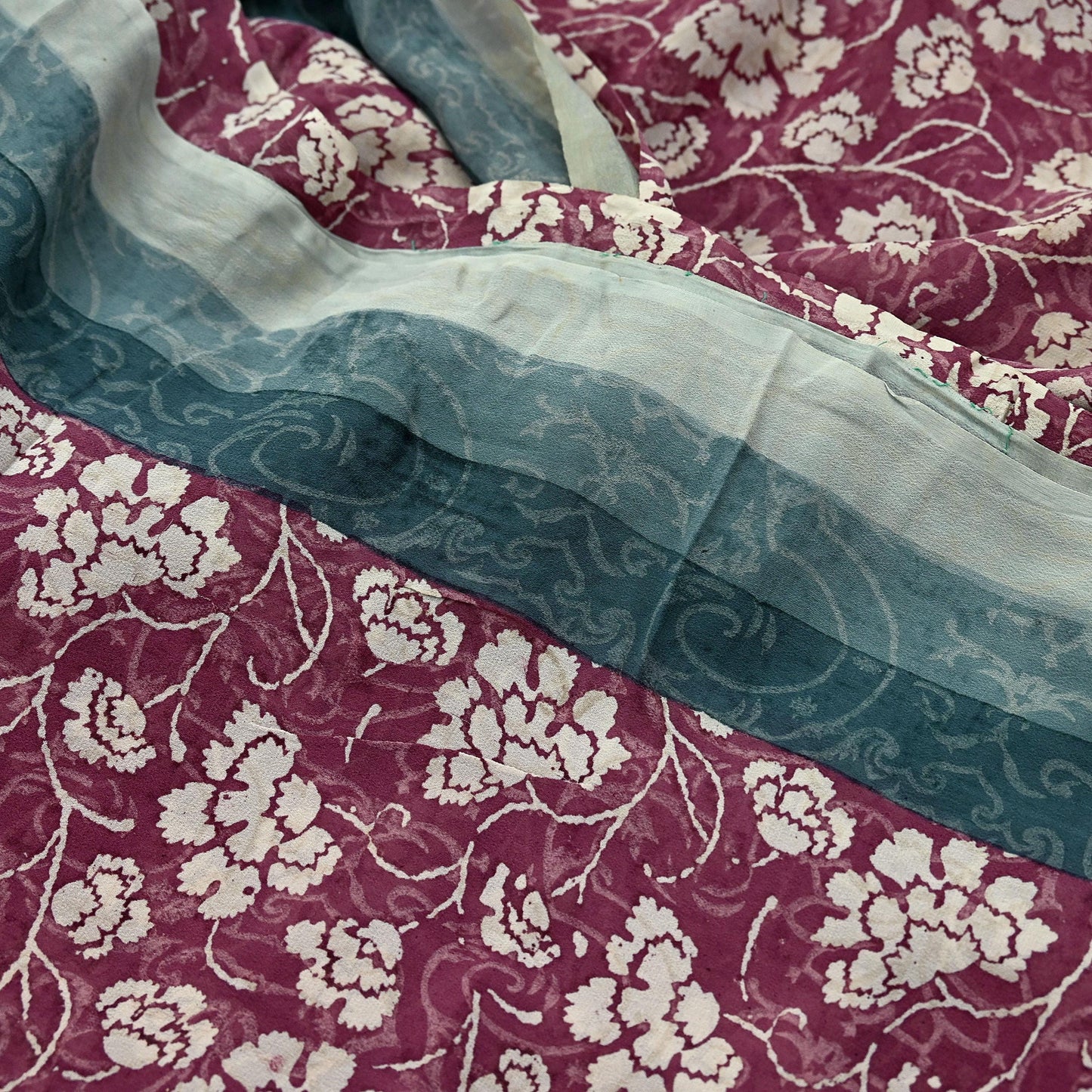 Women Vintage Sari Green & Maroon Pure Georgette Silk Printed Saree Craft Fabric Sewing 5Yard Soft Light Dress Making Floral