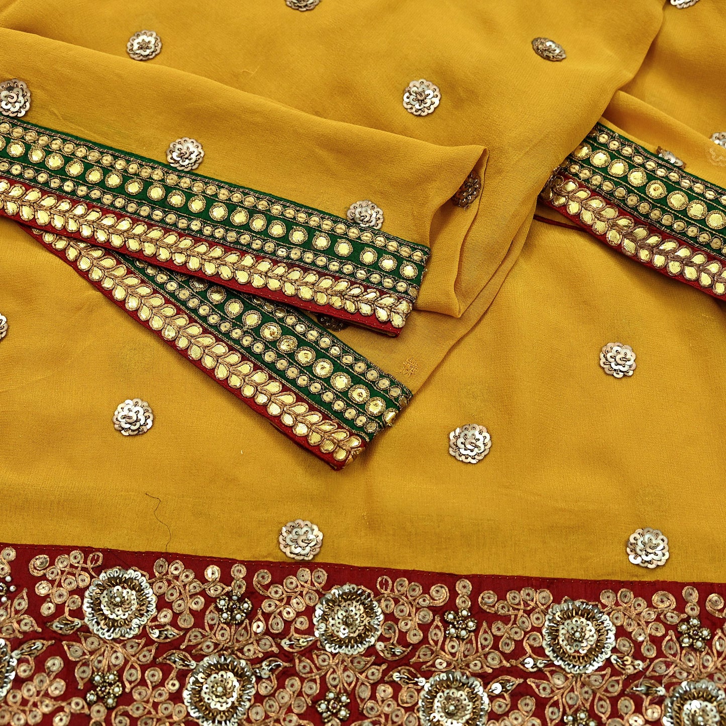 Indian Vintage Heavy Dupatta Yellow Pure Georgette Silk Stole Hand Embroidered By Designer Sabyasachi Scarves Zardozi Bridal Veil