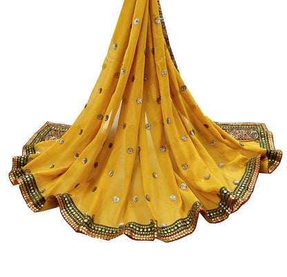 Indian Vintage Heavy Dupatta Yellow Pure Georgette Silk Stole Hand Embroidered By Designer Sabyasachi Scarves Zardozi Bridal Veil