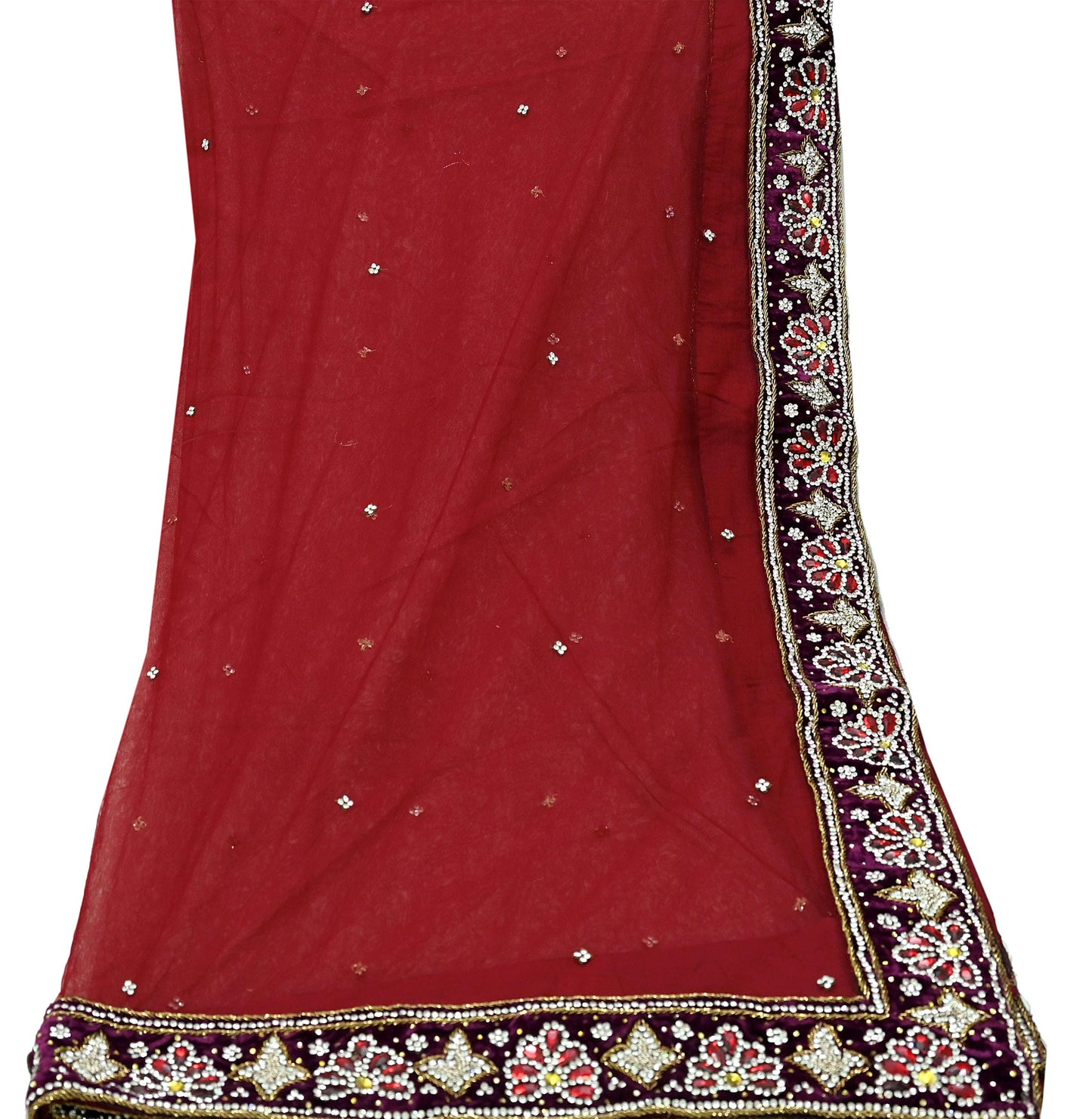 Indian Vintage Heavy Wedding Maroon Dupatta Net Mesh Long Stole Hand Embroidered Scarves Golden Zardozi Zari Sequins Dridal Veil Hijab
