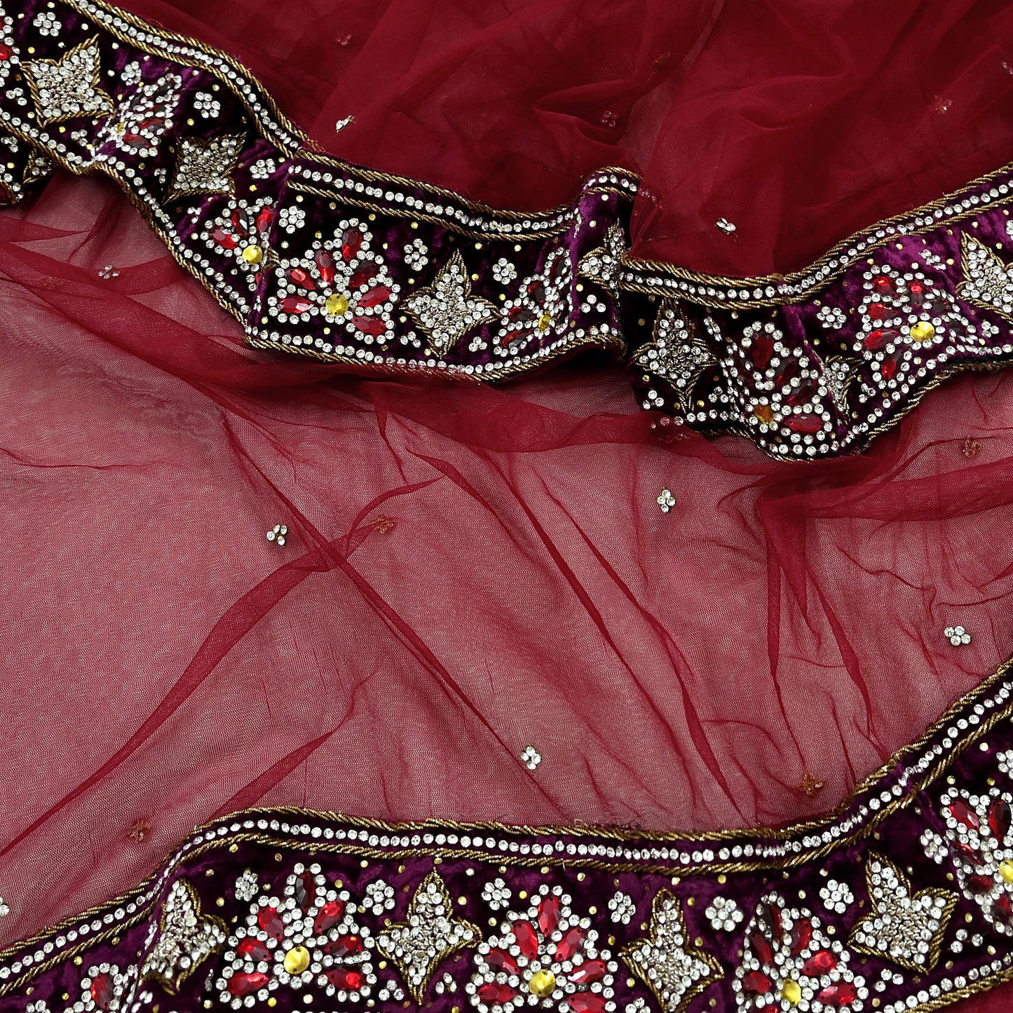 Indian Vintage Heavy Wedding Maroon Dupatta Net Mesh Long Stole Hand Embroidered Scarves Golden Zardozi Zari Sequins Dridal Veil Hijab