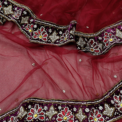 Indian Vintage Heavy Wedding Maroon Dupatta Net Mesh Long Stole Hand Embroidered Scarves Golden Zardozi Zari Sequins Dridal Veil Hijab