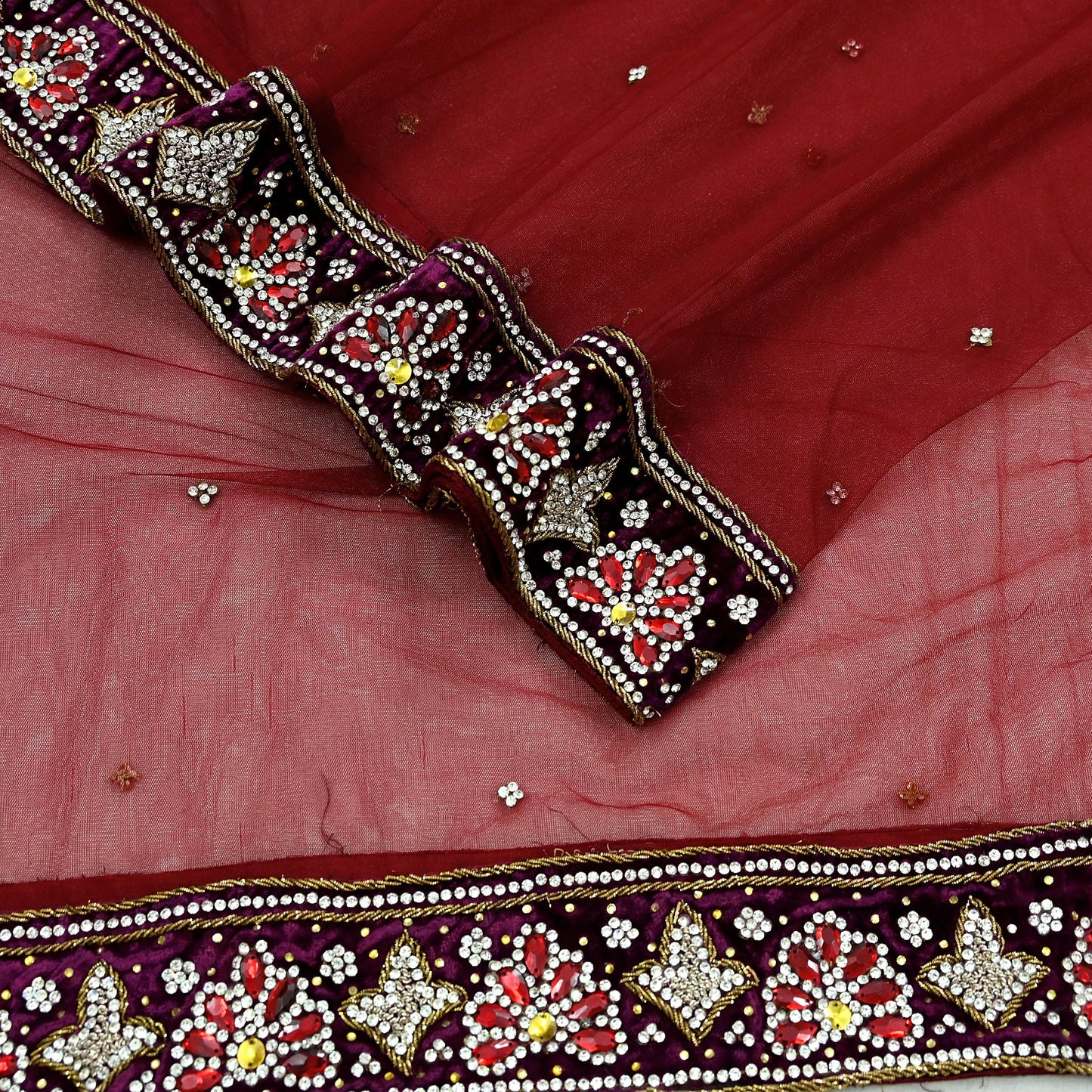 Indian Vintage Heavy Wedding Maroon Dupatta Net Mesh Long Stole Hand Embroidered Scarves Golden Zardozi Zari Sequins Dridal Veil Hijab