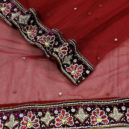 Indian Vintage Heavy Wedding Maroon Dupatta Net Mesh Long Stole Hand Embroidered Scarves Golden Zardozi Zari Sequins Dridal Veil Hijab