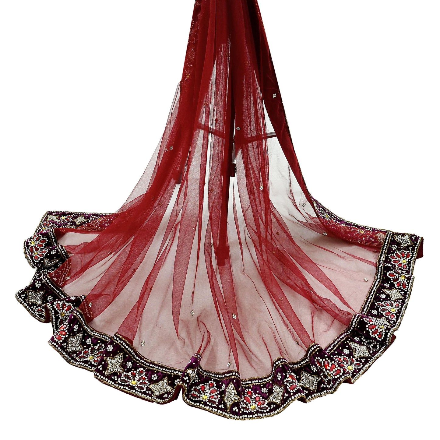 Indian Vintage Heavy Wedding Maroon Dupatta Net Mesh Long Stole Hand Embroidered Scarves Golden Zardozi Zari Sequins Dridal Veil Hijab