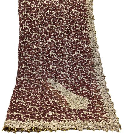 Indian Vintage Heavy Wedding Maroon Dupatta Net Mesh Long Stole Hand Embroidered Scarves Golden Zardozi Zari Sequins Dridal Veil Hijab