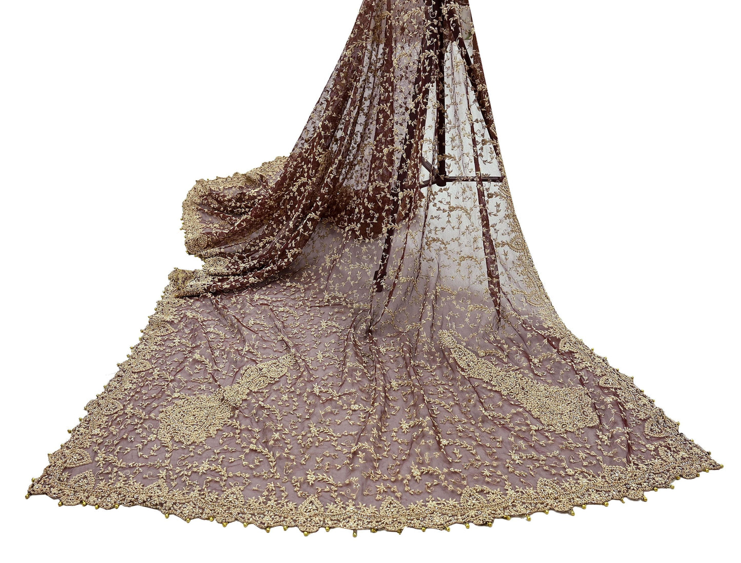 Indian Vintage Heavy Wedding Maroon Dupatta Net Mesh Long Stole Hand Embroidered Scarves Golden Zardozi Zari Sequins Dridal Veil Hijab