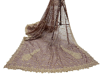 Indian Vintage Heavy Wedding Maroon Dupatta Net Mesh Long Stole Hand Embroidered Scarves Golden Zardozi Zari Sequins Dridal Veil Hijab