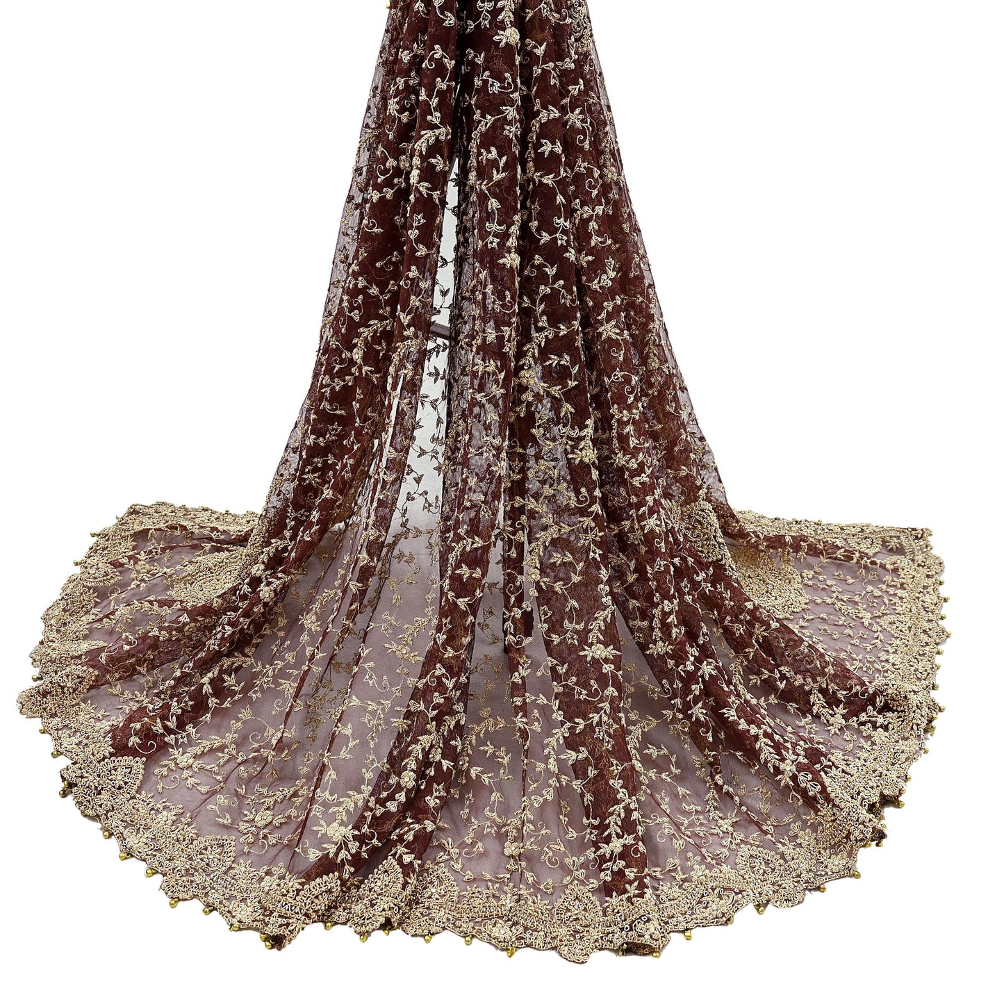 Indian Vintage Heavy Wedding Maroon Dupatta Net Mesh Long Stole Hand Embroidered Scarves Golden Zardozi Zari Sequins Dridal Veil Hijab