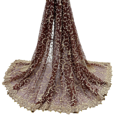 Indian Vintage Heavy Wedding Maroon Dupatta Net Mesh Long Stole Hand Embroidered Scarves Golden Zardozi Zari Sequins Dridal Veil Hijab