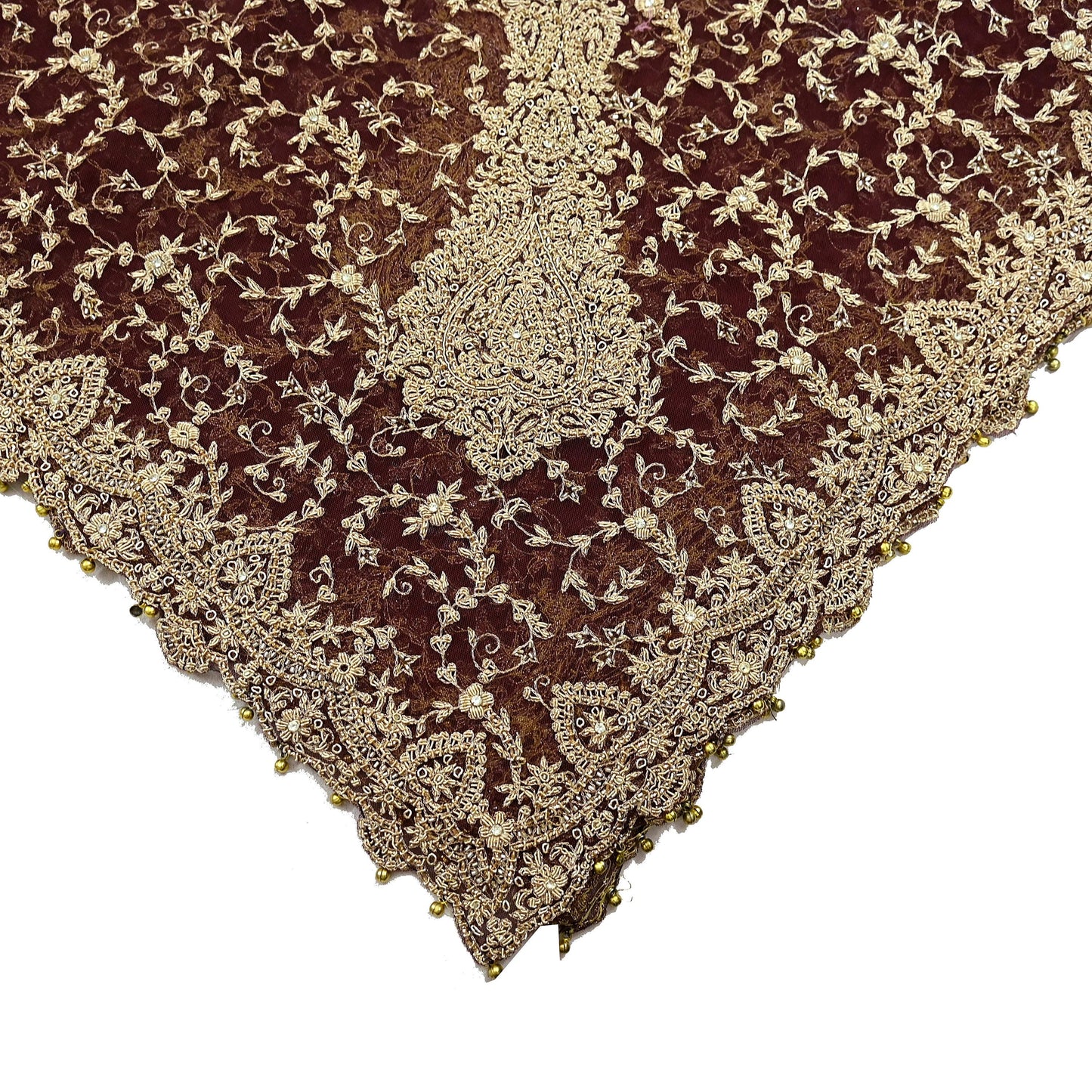 Indian Vintage Heavy Wedding Maroon Dupatta Net Mesh Long Stole Hand Embroidered Scarves Golden Zardozi Zari Sequins Dridal Veil Hijab