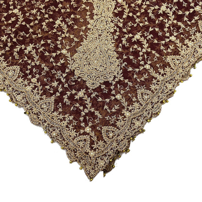 Indian Vintage Heavy Wedding Maroon Dupatta Net Mesh Long Stole Hand Embroidered Scarves Golden Zardozi Zari Sequins Dridal Veil Hijab