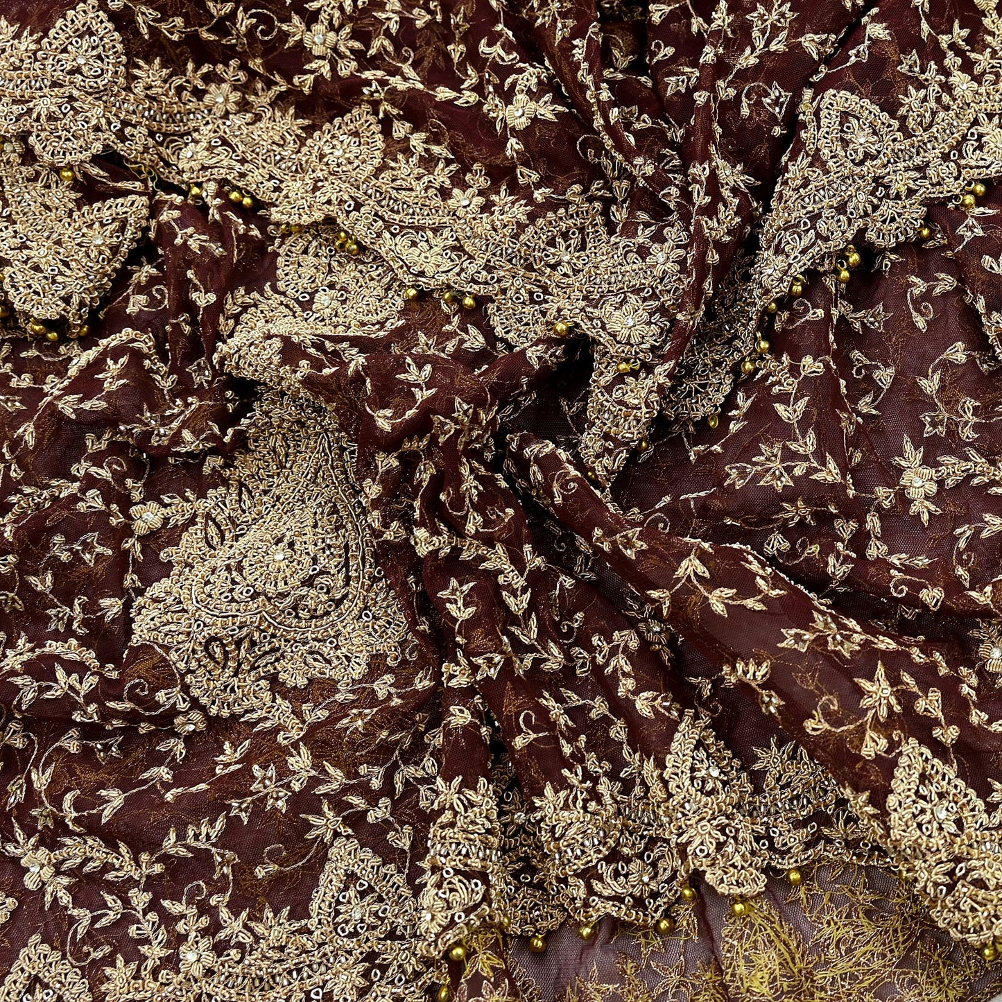 Indian Vintage Heavy Wedding Maroon Dupatta Net Mesh Long Stole Hand Embroidered Scarves Golden Zardozi Zari Sequins Dridal Veil Hijab