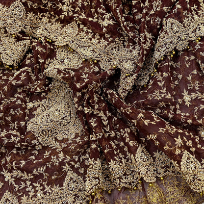 Indian Vintage Heavy Wedding Maroon Dupatta Net Mesh Long Stole Hand Embroidered Scarves Golden Zardozi Zari Sequins Dridal Veil Hijab
