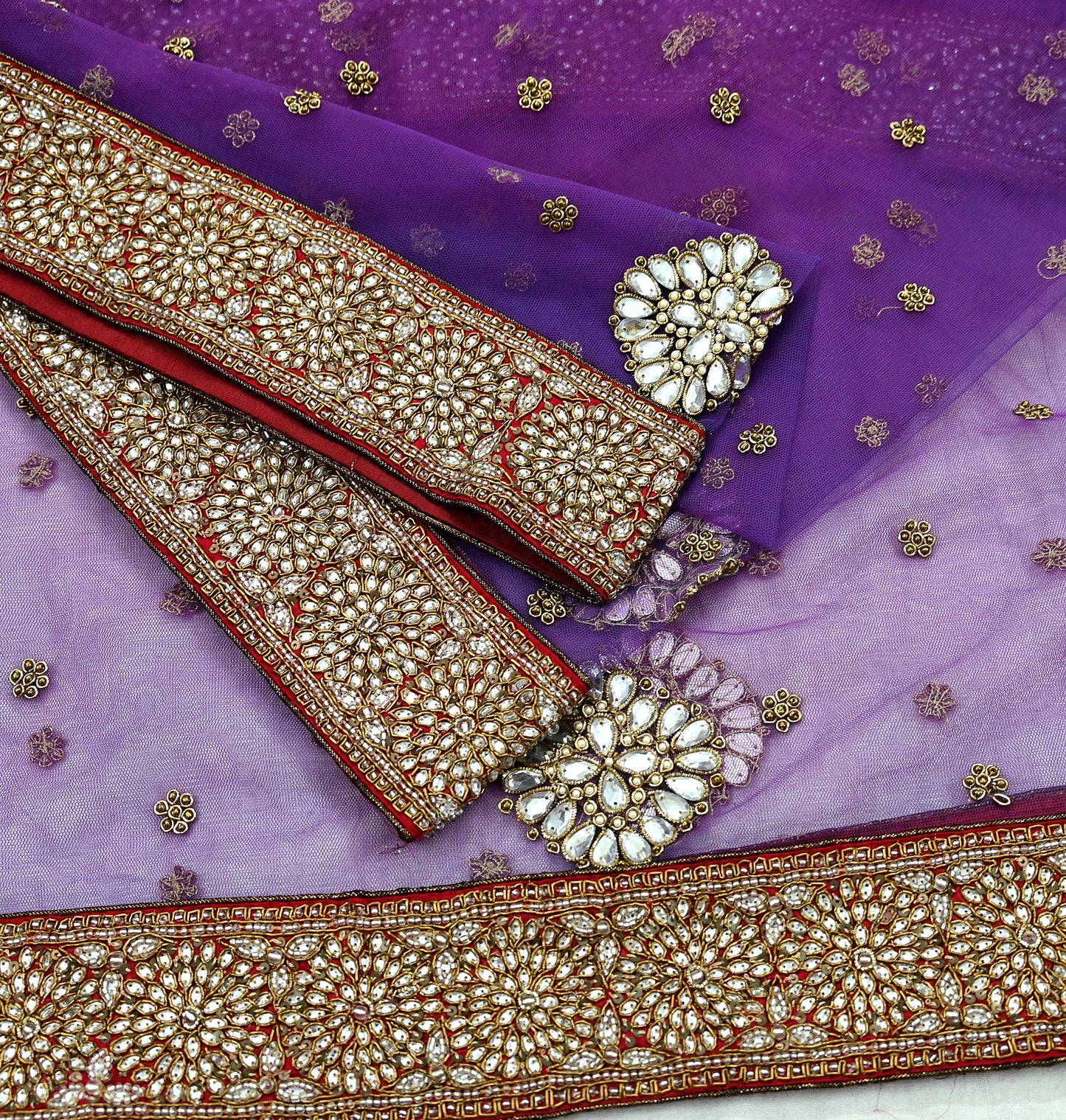 Indian Vintage Heavy Wedding Dupatta Purple Net Long Stole Hand Embroidered By Designer Sabyasachi Scarves Zardozi Bridal Veil