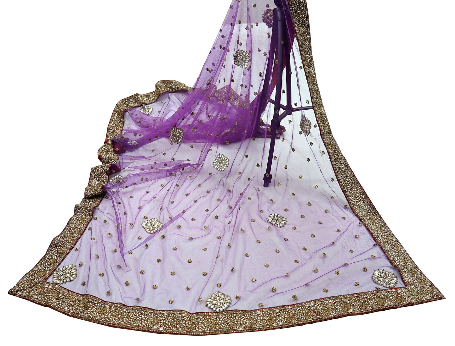 Indian Vintage Heavy Wedding Dupatta Purple Net Long Stole Hand Embroidered By Designer Sabyasachi Scarves Zardozi Bridal Veil
