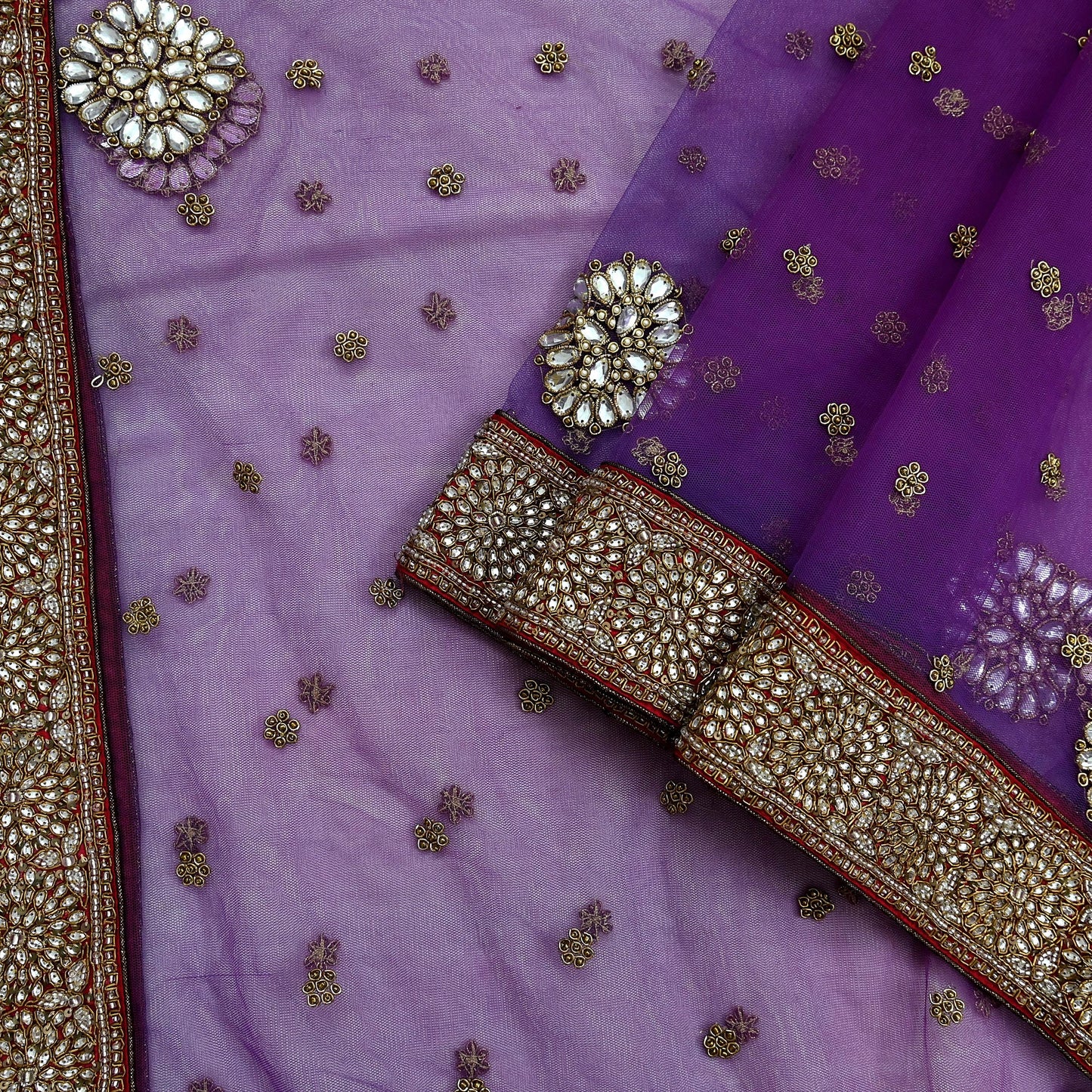 Indian Vintage Heavy Wedding Dupatta Purple Net Long Stole Hand Embroidered By Designer Sabyasachi Scarves Zardozi Bridal Veil
