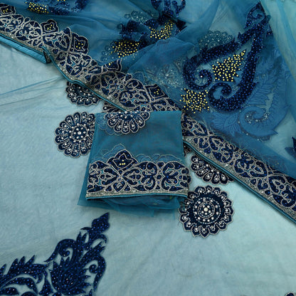 Indian Vintage Heavy Sari Blue Net/Mesh Hand Embroidered Sarees Craft Fabric 6Yd Sewing Soft Zardozi Wedding sarees With Blouse fabric
